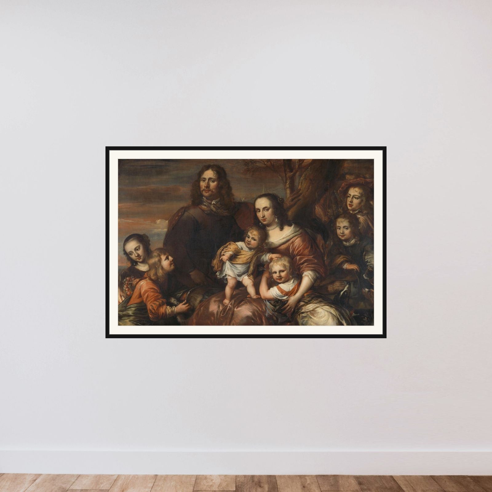A couple with six children framed — shown to scale