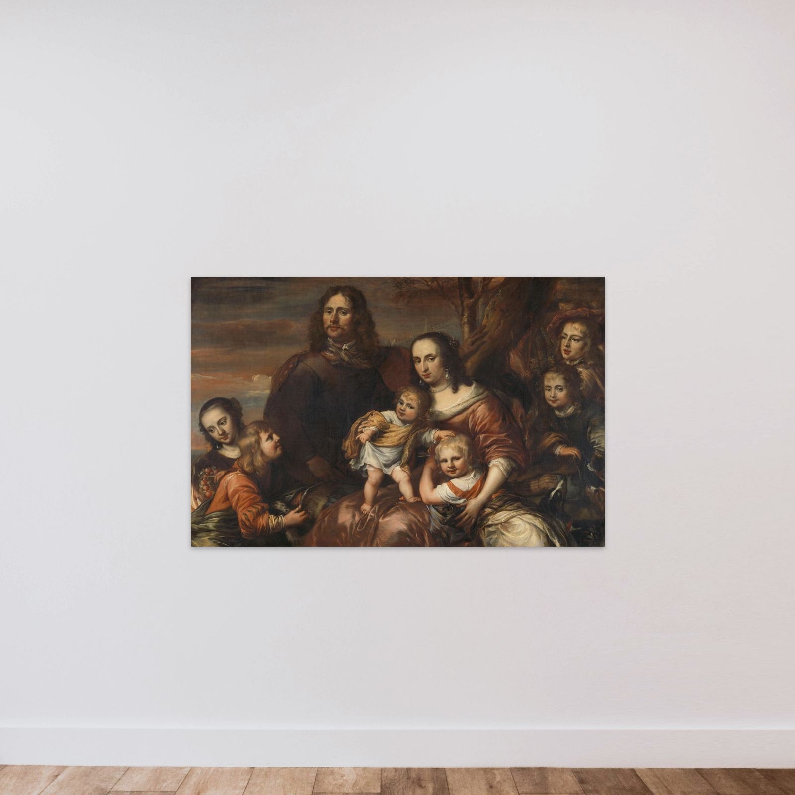 A couple with six children unframed — shown to scale
