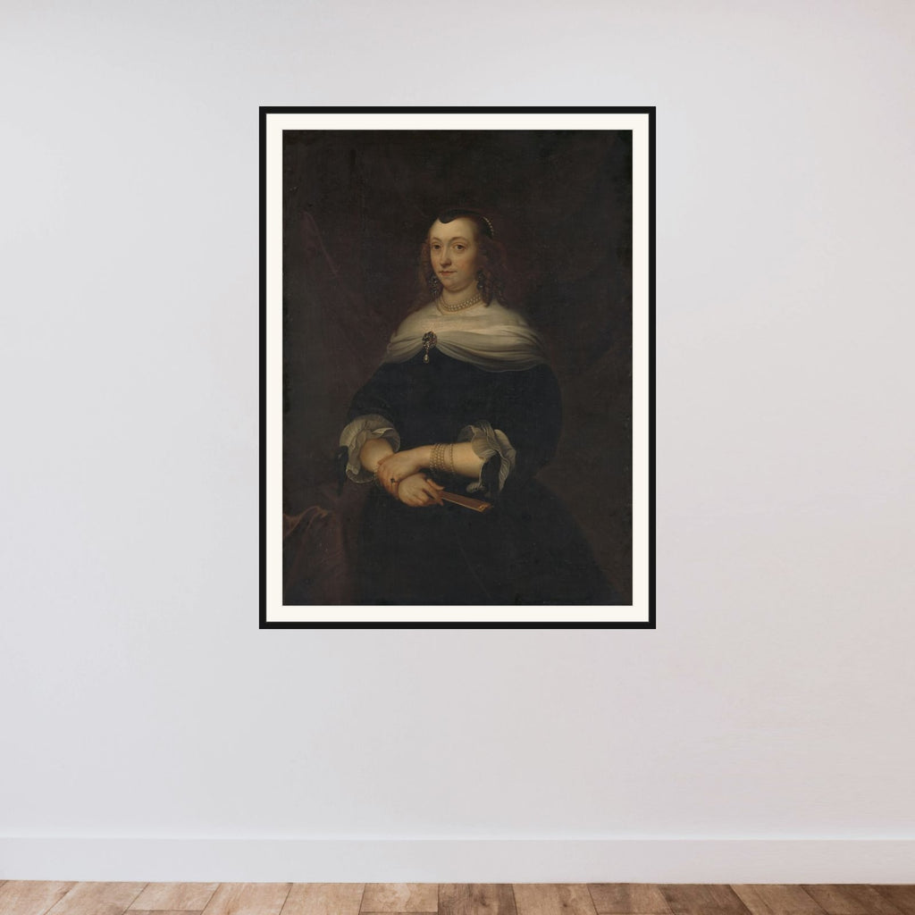 Portrait of a woman, thought to be Sara van Os (born in 1610) framed — shown to scale