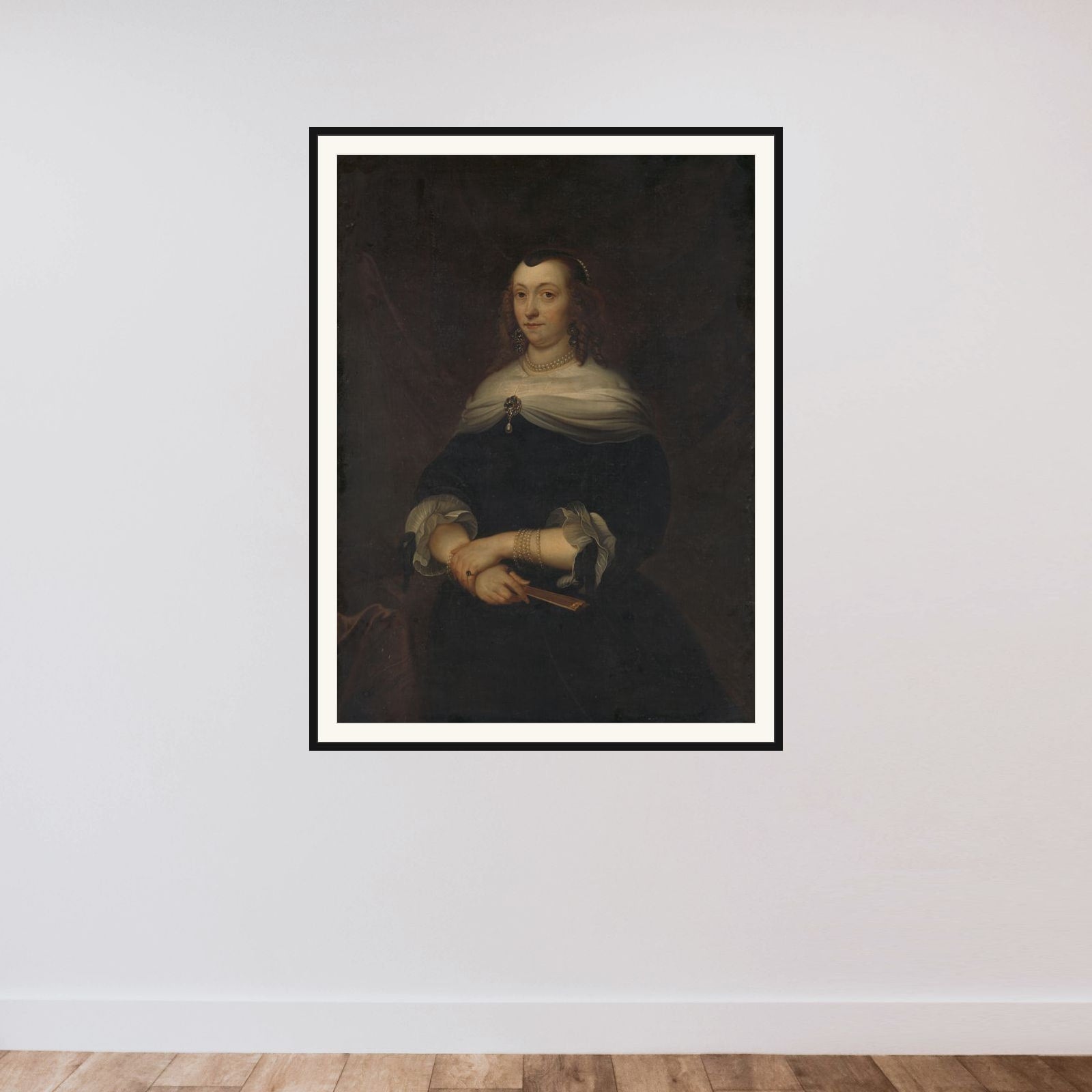 Portrait of a woman, thought to be Sara van Os (born in 1610) framed — shown to scale