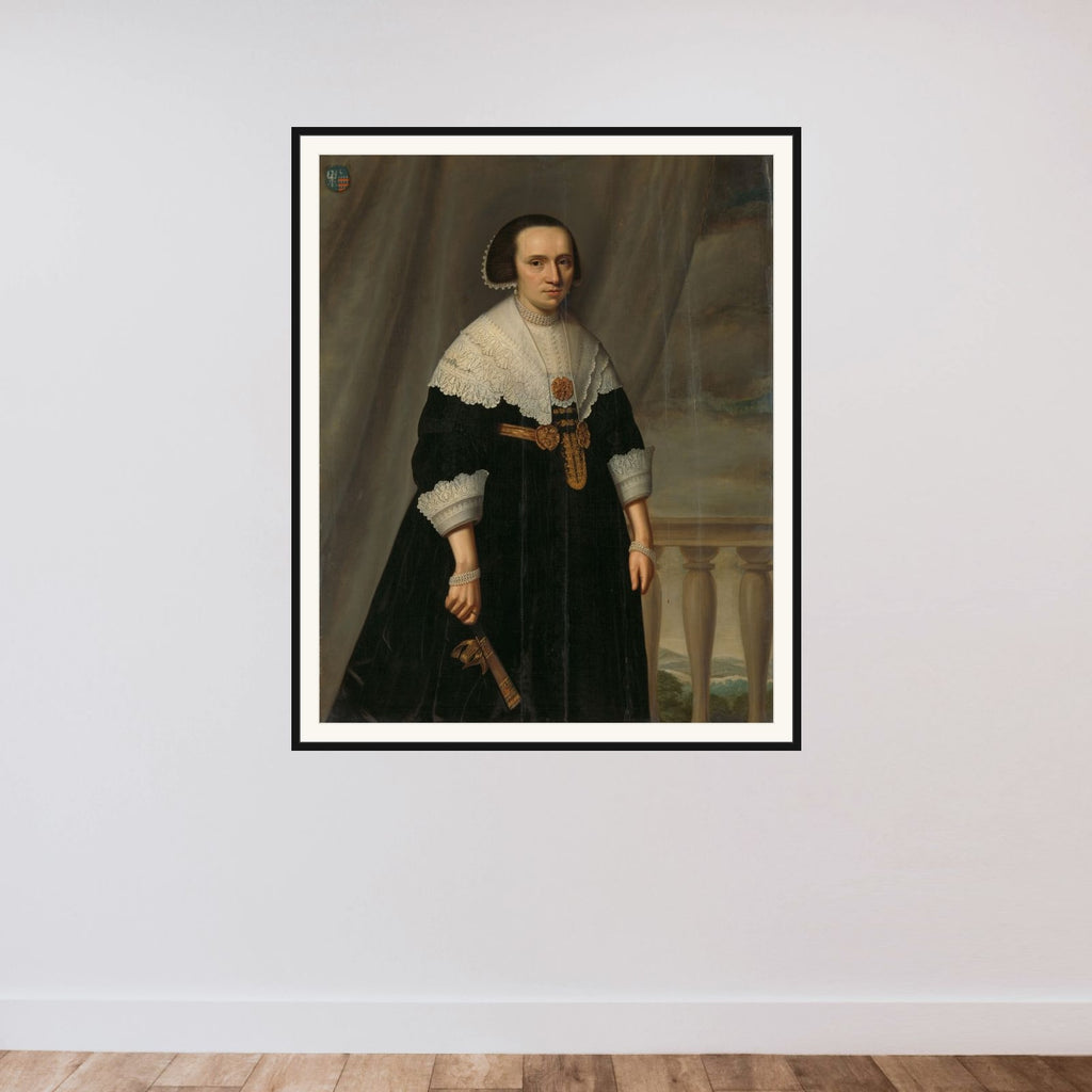 Portrait of a Woman, probably Machtelt Bas (?-1681) framed — shown to scale
