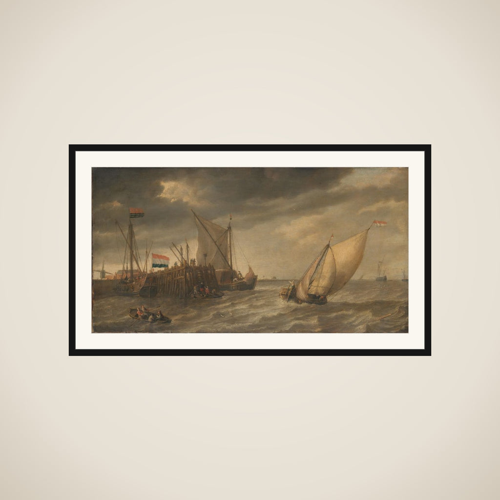 Travellers Disembarking at a Jetty on the Scheldt in Strong Winds framed
