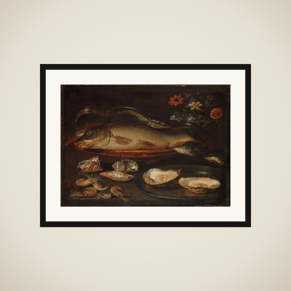 Still Life with Fish, Sea Food and Flowers framed