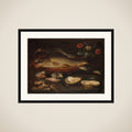 Still Life with Fish, Sea Food and Flowers framed