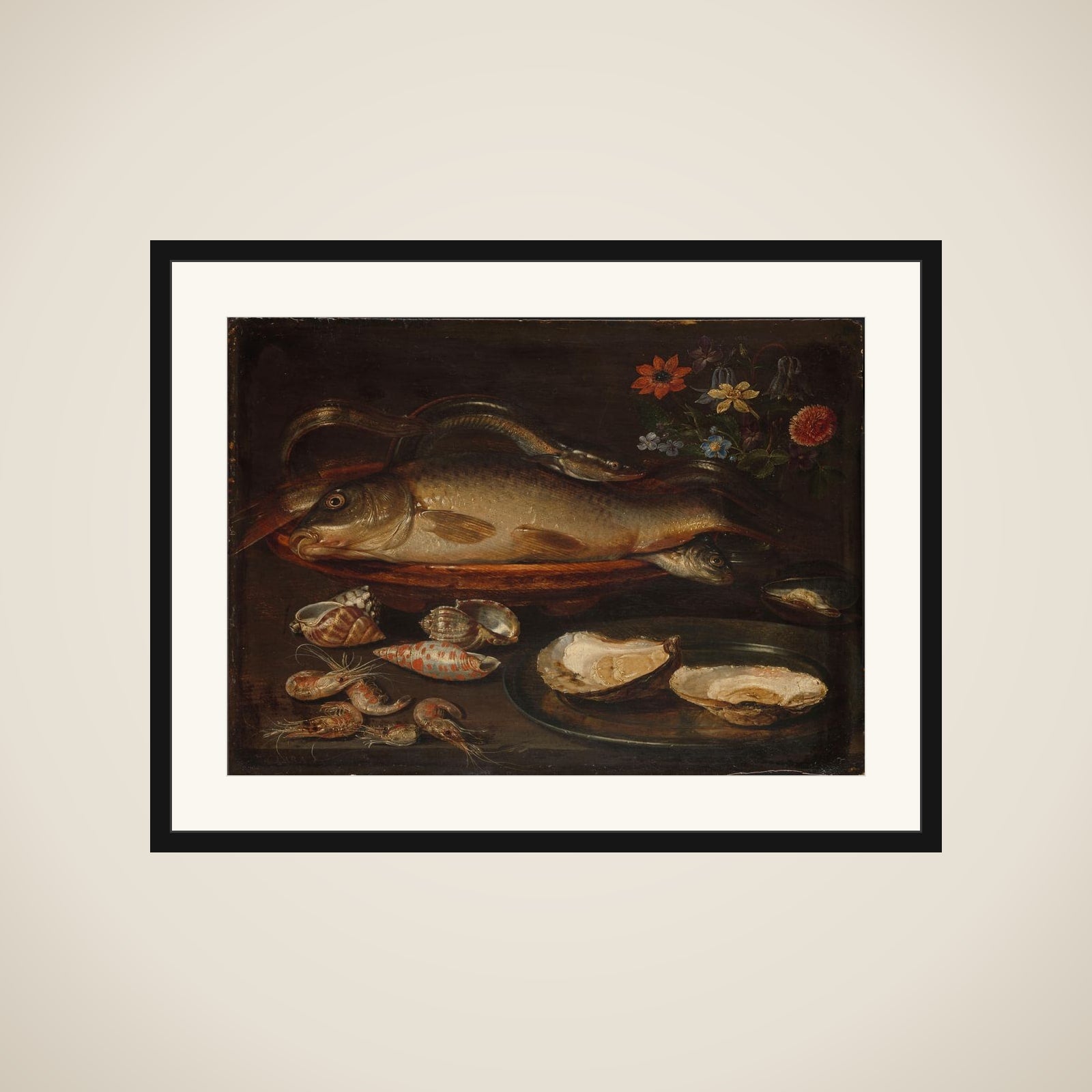 Still Life with Fish, Sea Food and Flowers framed