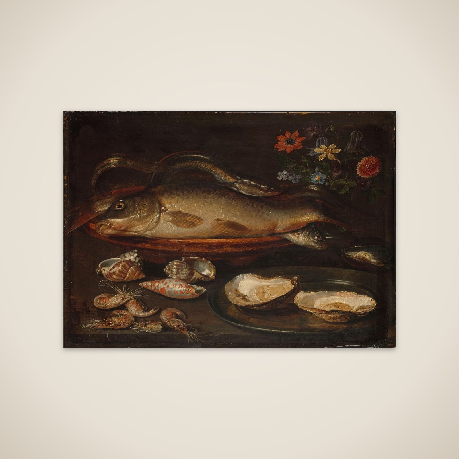 Still Life with Fish, Sea Food and Flowers unframed print