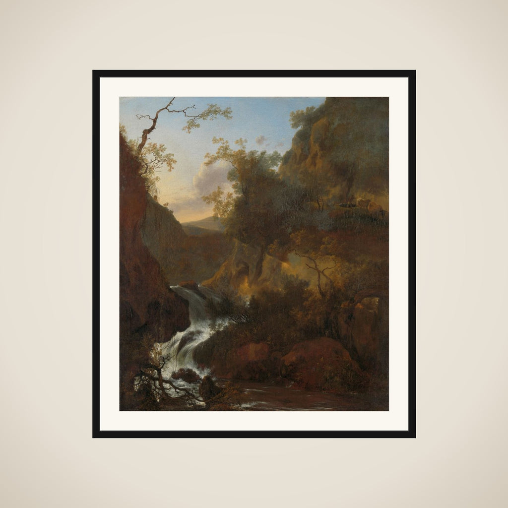 A waterfall framed