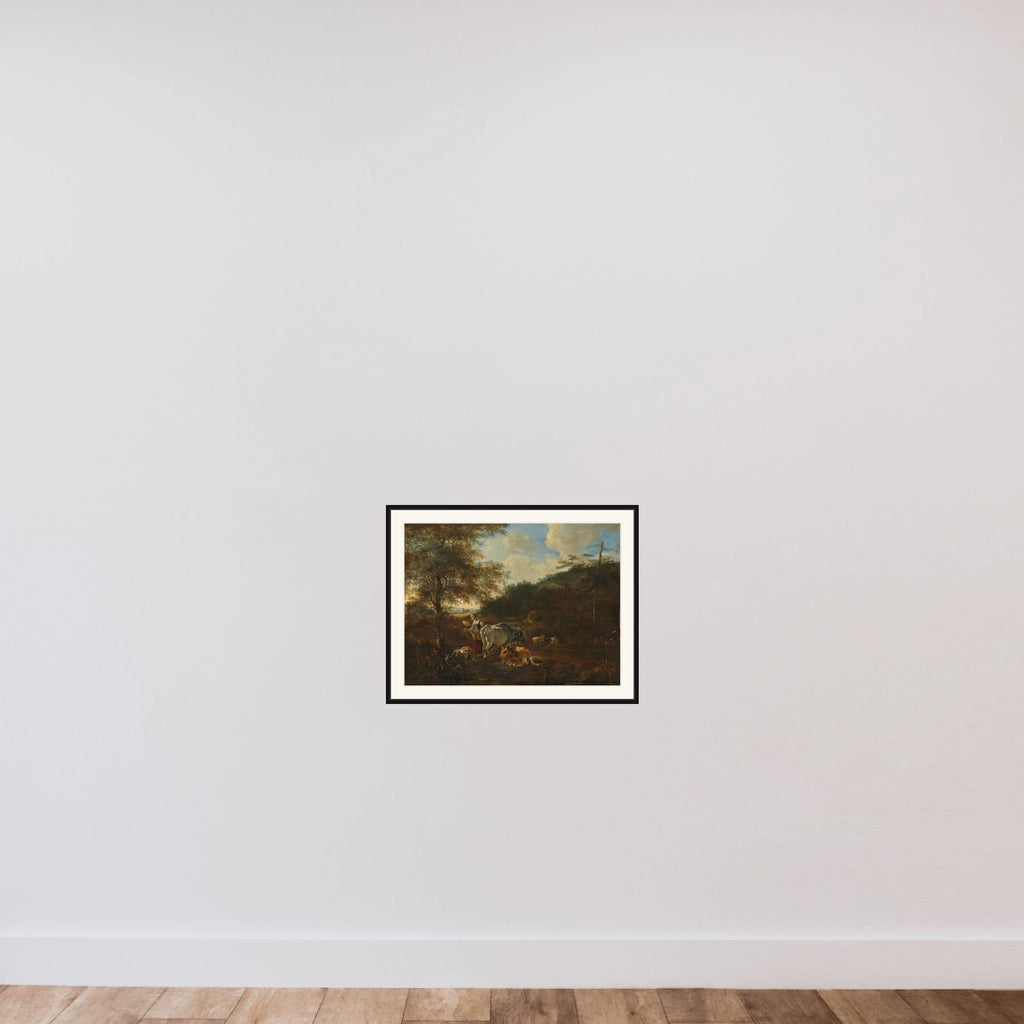Landscape with cattle framed — shown to scale