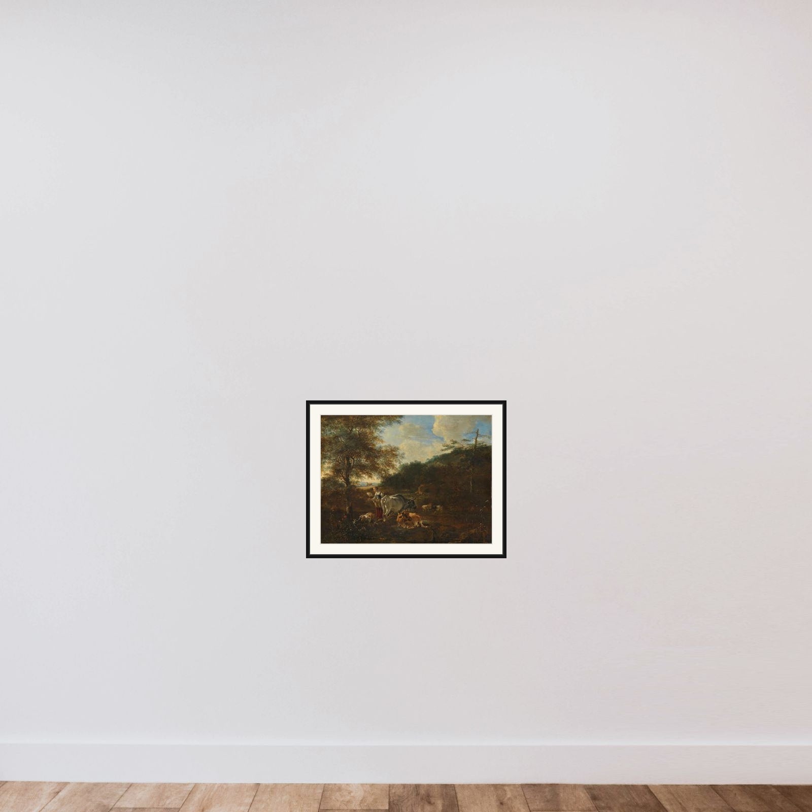Landscape with cattle framed — shown to scale