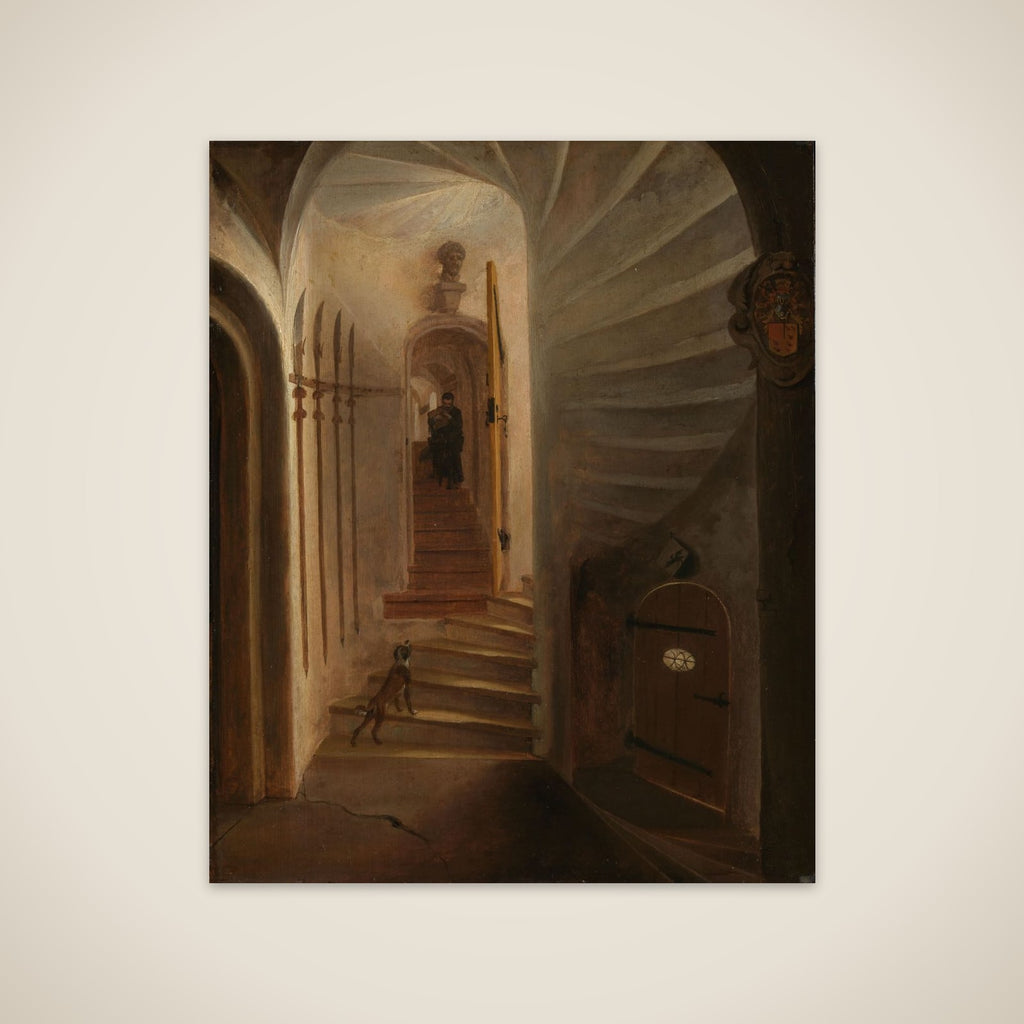 Portal of a stairway tower, with a man descending the stairs: presumably the moment before the assassination of William the Silent in the Ptinsenhof, Delft unframed print