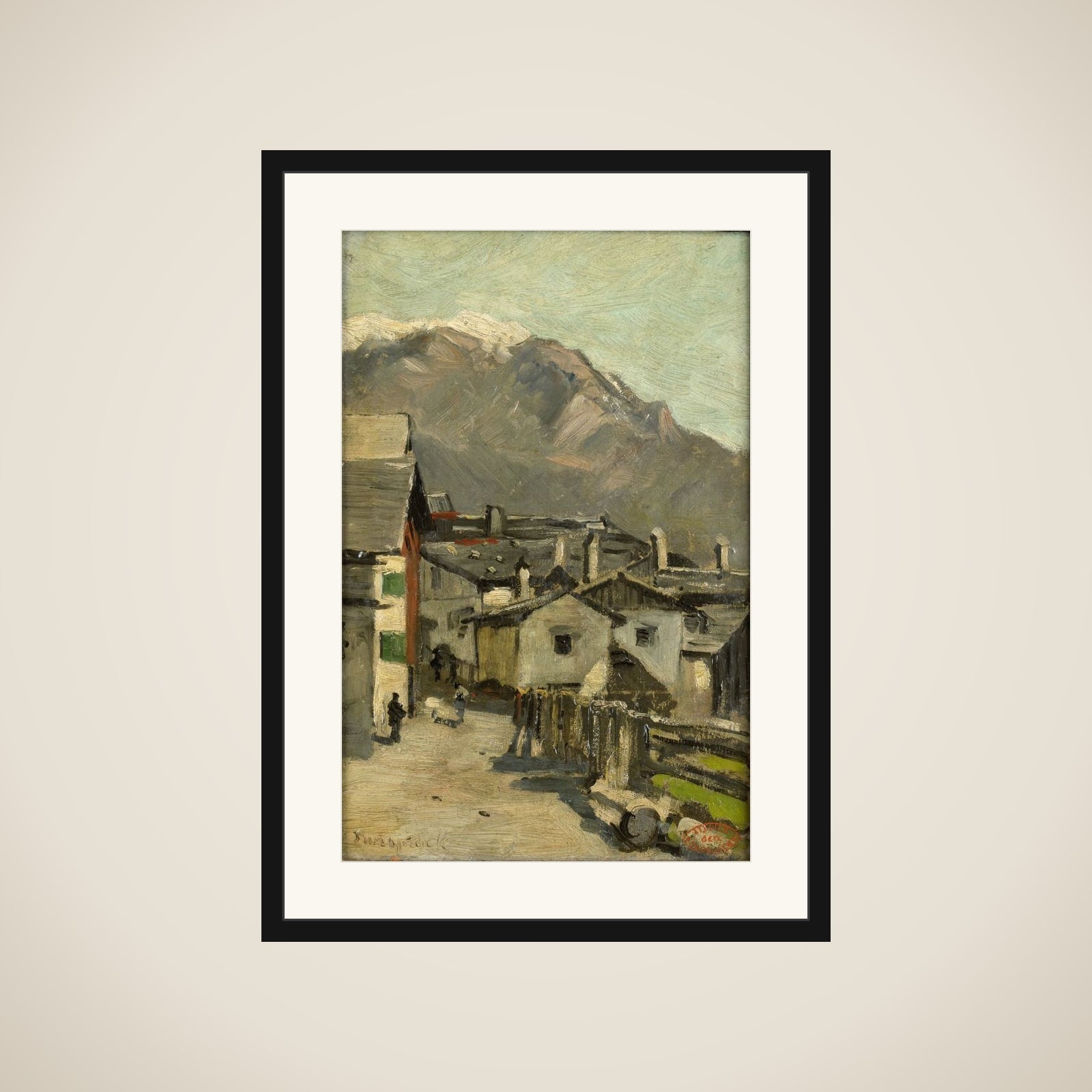 Houses along a road near a mountain (Innsbruck?) framed