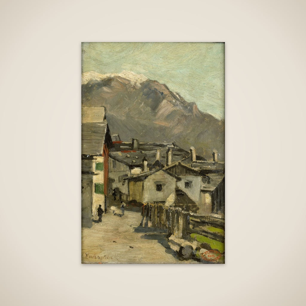 Houses along a road near a mountain (Innsbruck?) unframed print