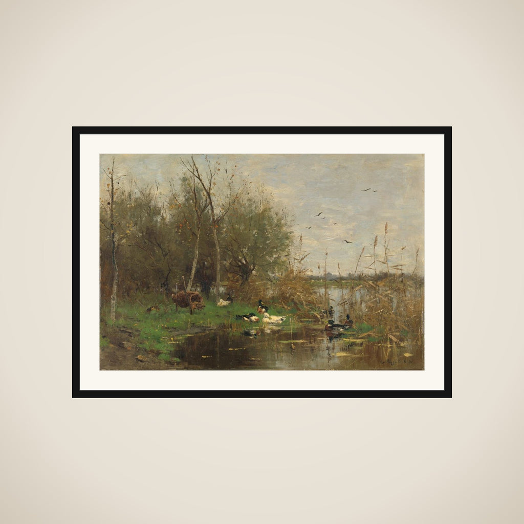 Ducks beside a duck shelter on a ditch framed