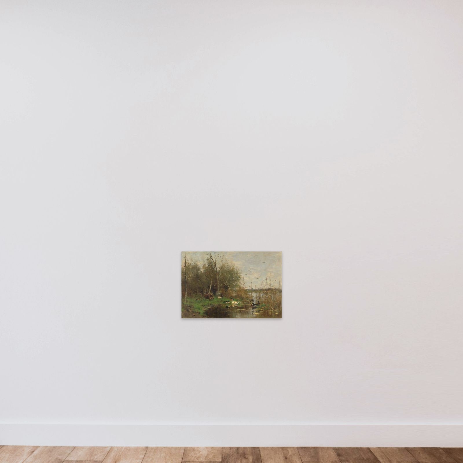 Ducks beside a duck shelter on a ditch unframed — shown to scale