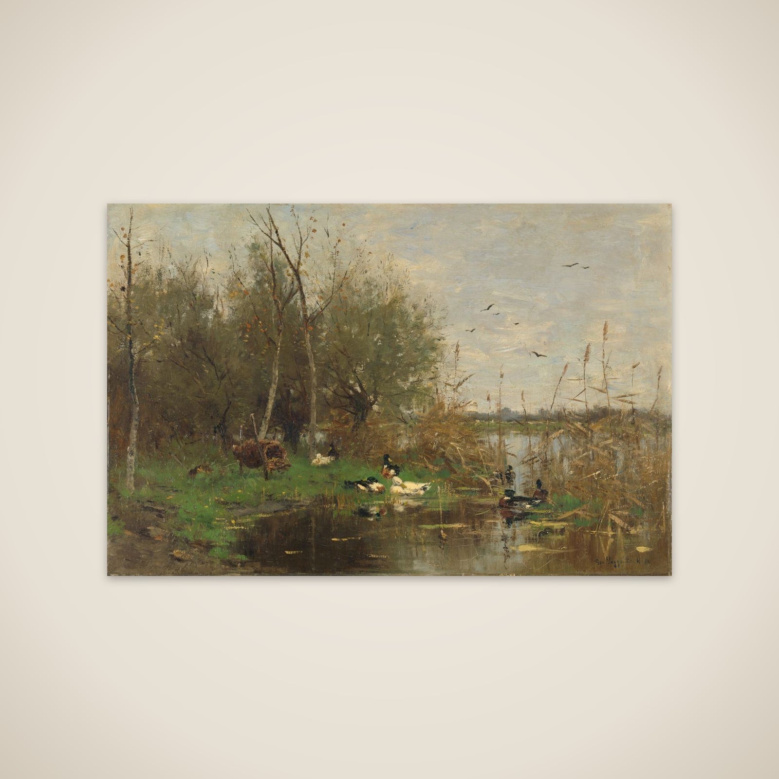 Ducks beside a duck shelter on a ditch unframed print