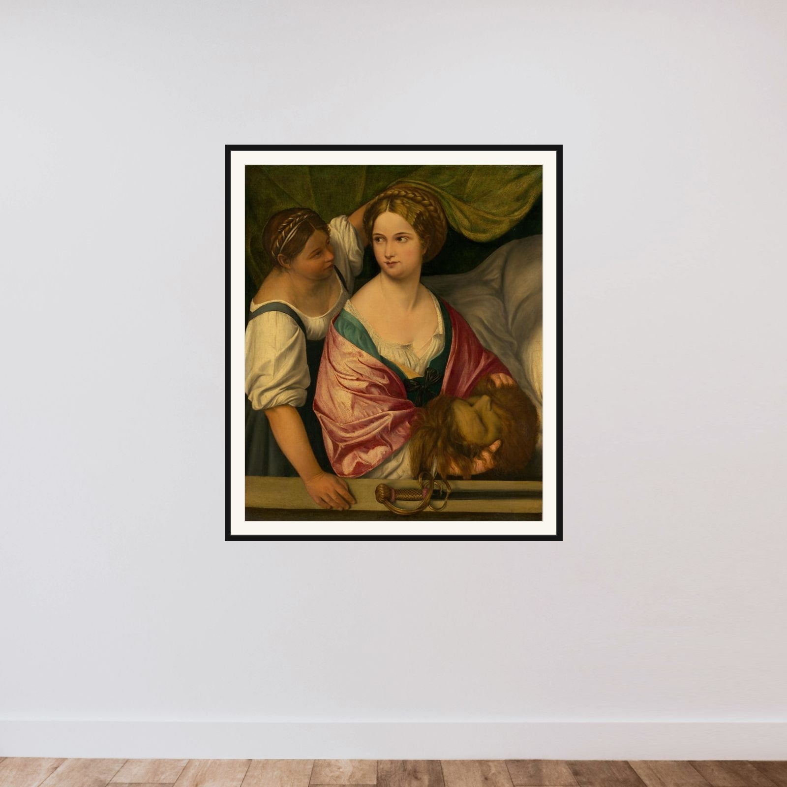 Judith with the Head of Holofernes framed — shown to scale