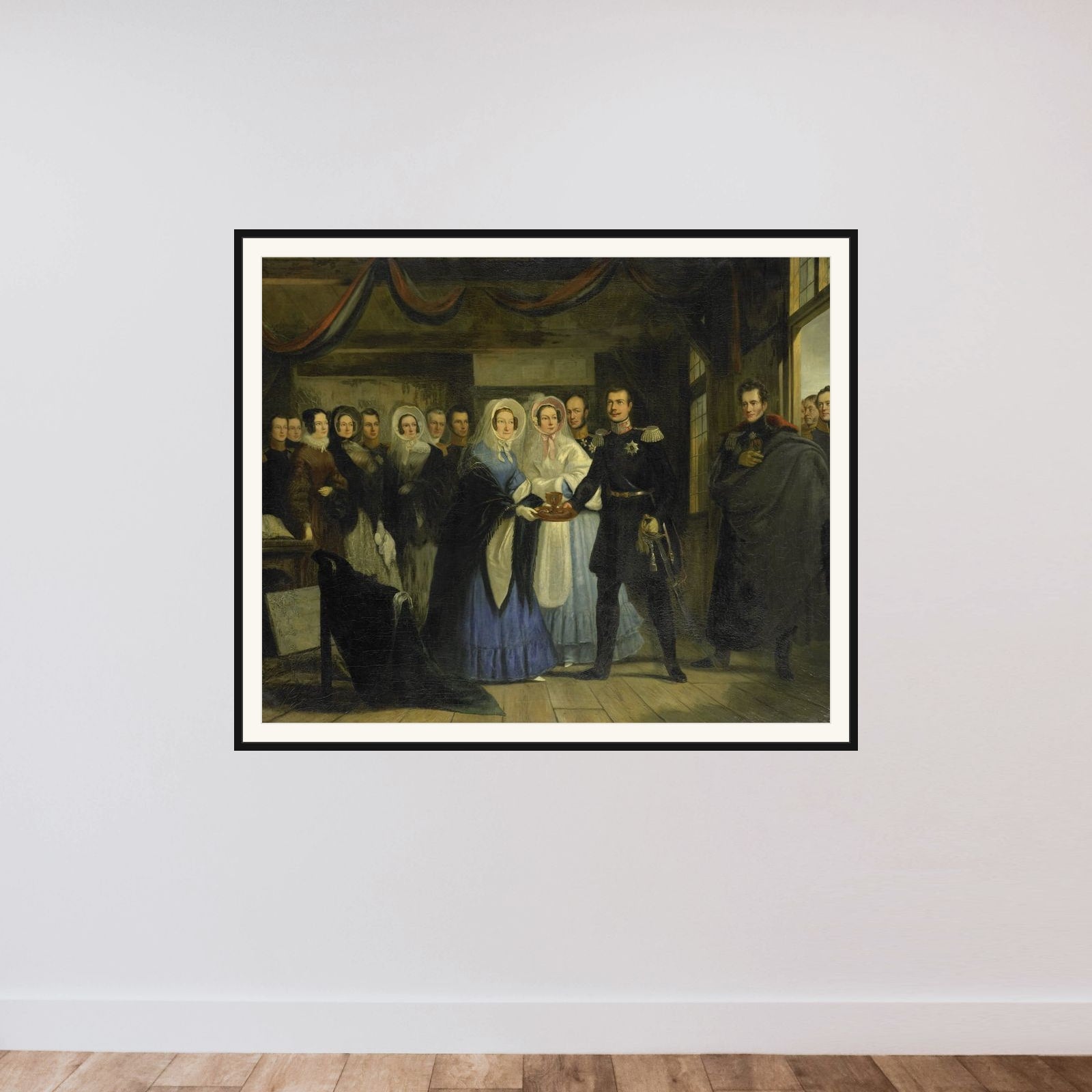 The Princess of Orange Receiving Alexander II (1818-1881), Grand Duke and Heir to the Throne of Russia, in the Czar Peter's House in Zaandam, 17 April 1839 framed — shown to scale