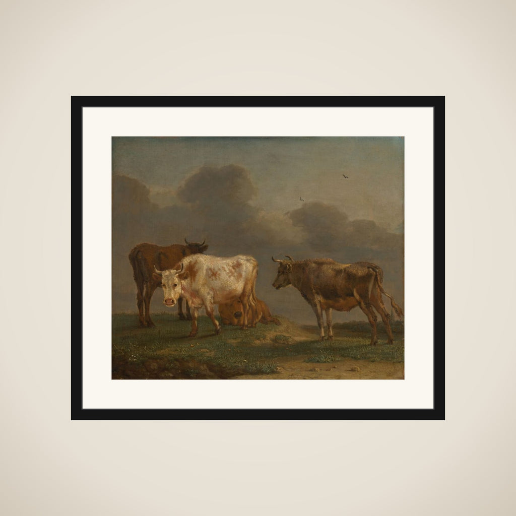 Four Young Bulls in a Meadow framed