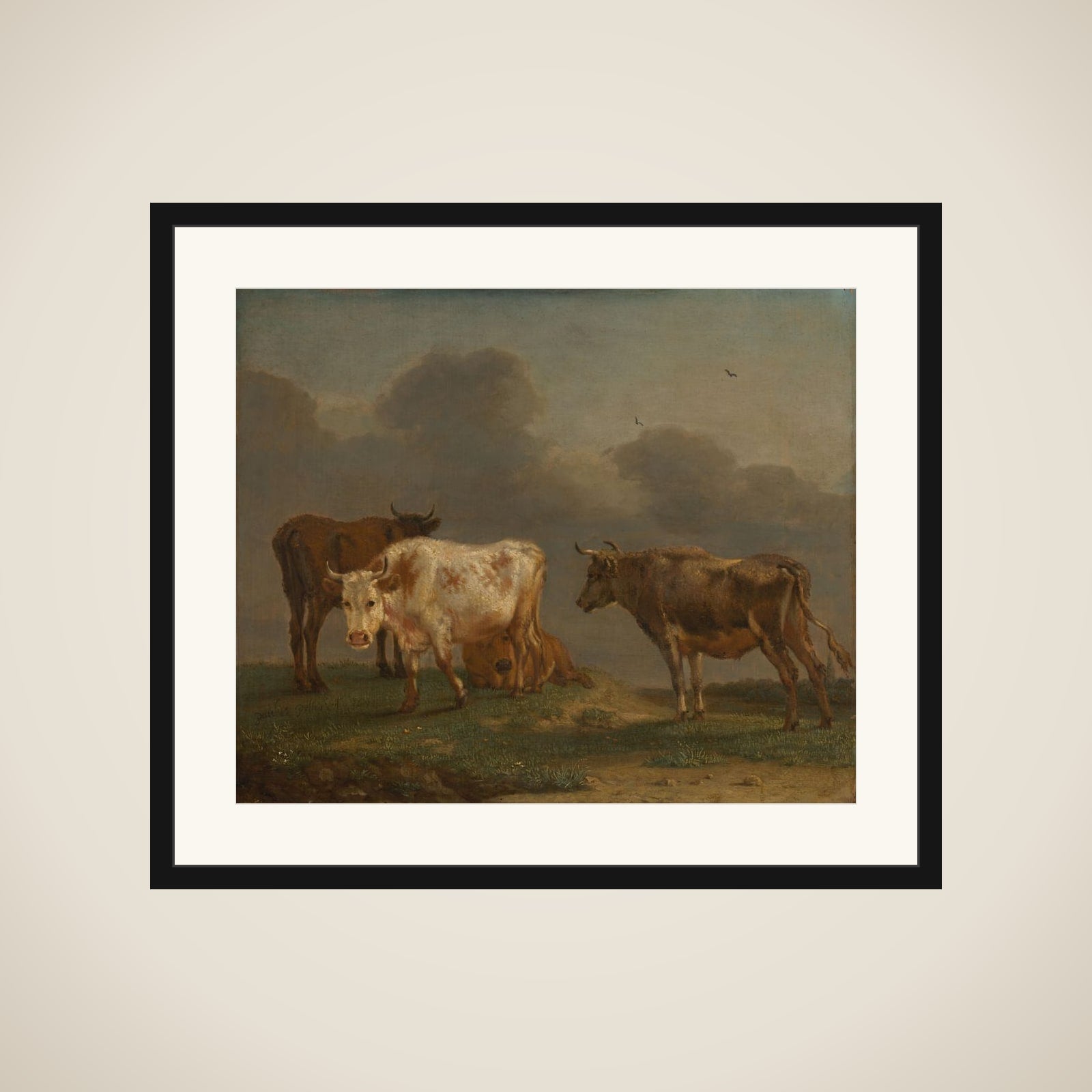 Four Young Bulls in a Meadow framed