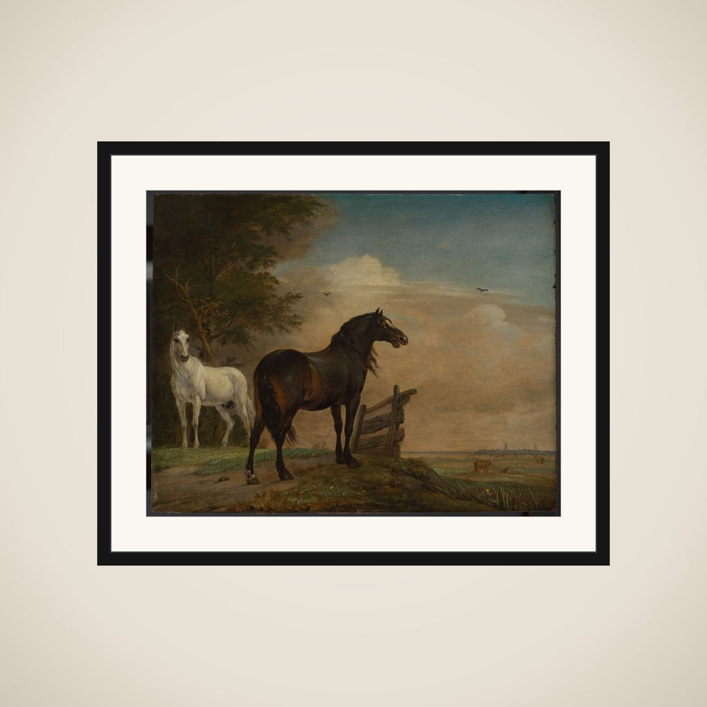 Two Horses in a Meadow near a Gate framed