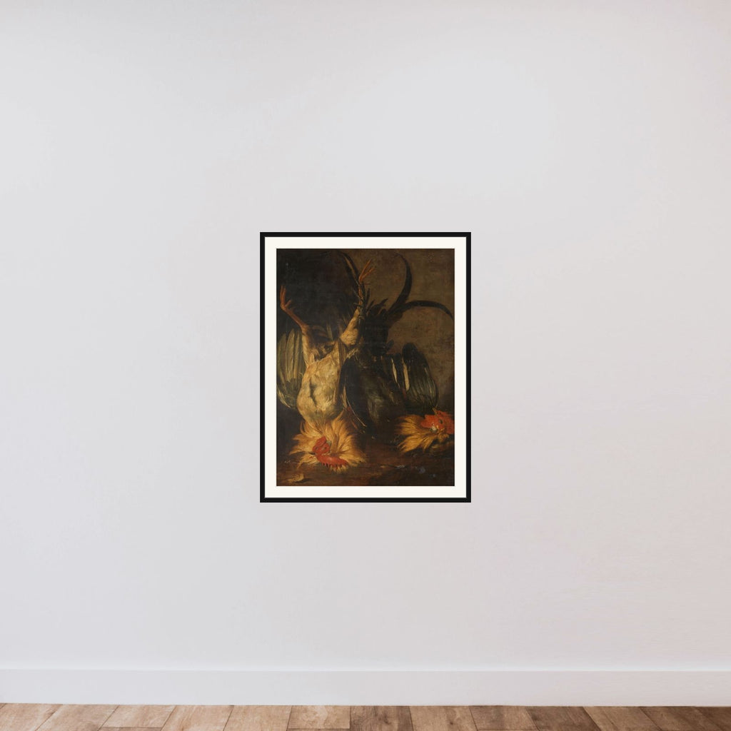 Dead roosters framed — shown to scale