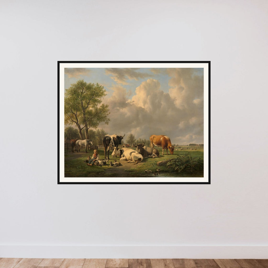 Meadow with Animals framed — shown to scale