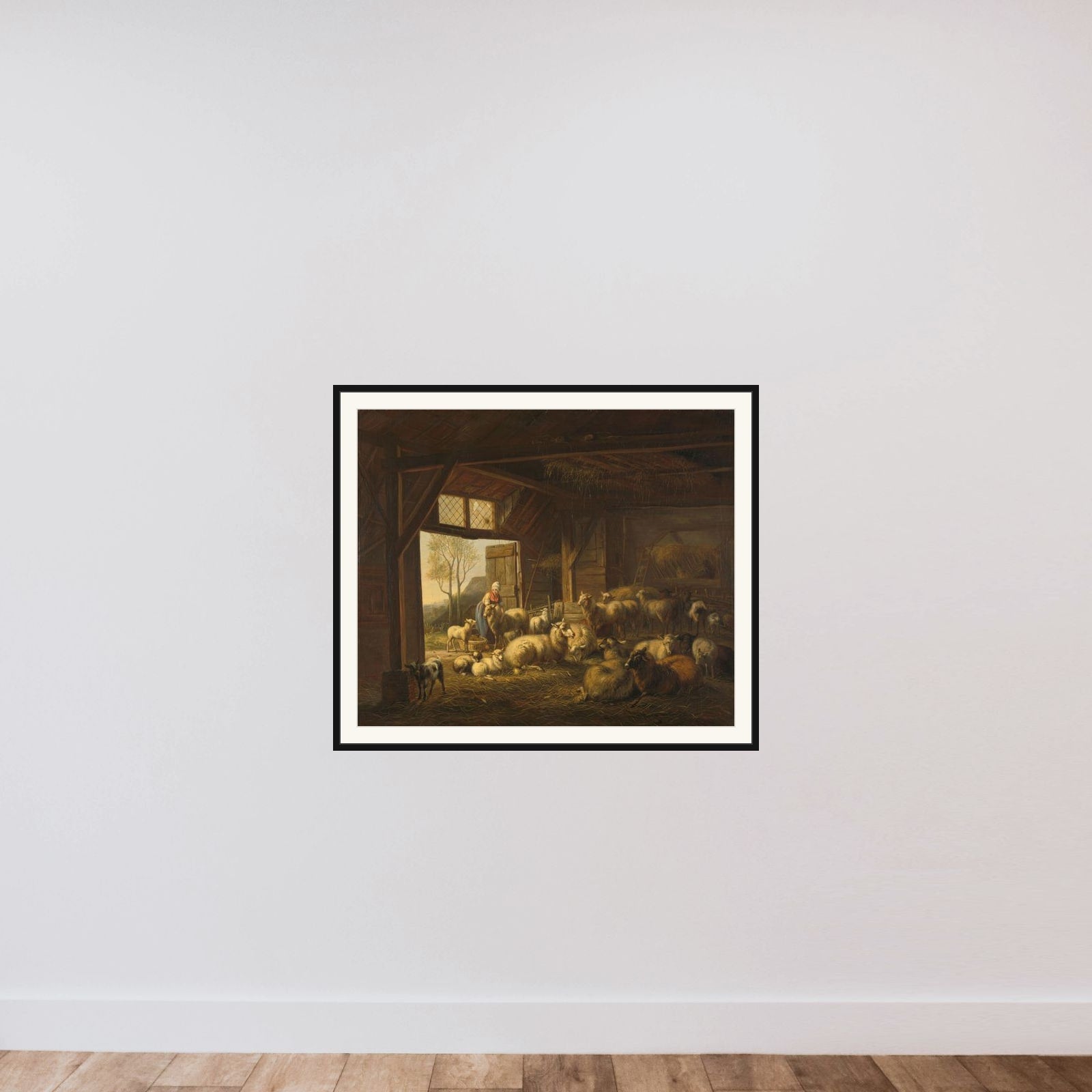 Sheep and Goats in a Stable framed — shown to scale