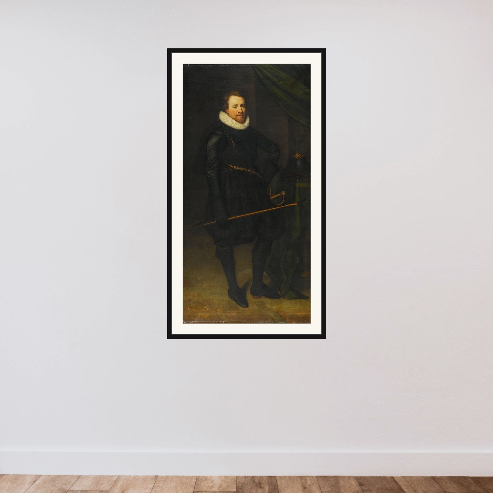 Portrait of Sir John Burroughs (1587-1627) framed — shown to scale