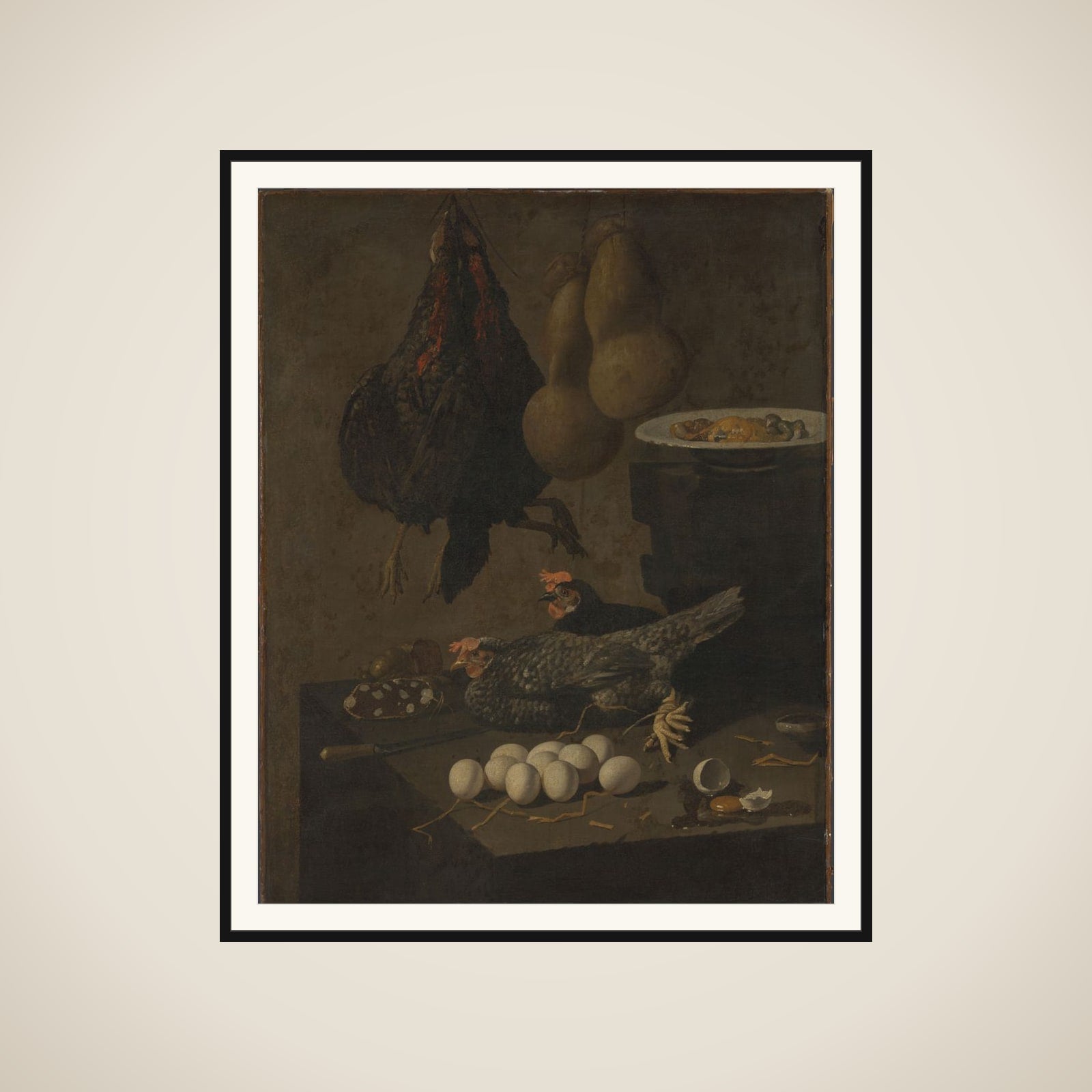 Still Life with Chickens and Eggs framed