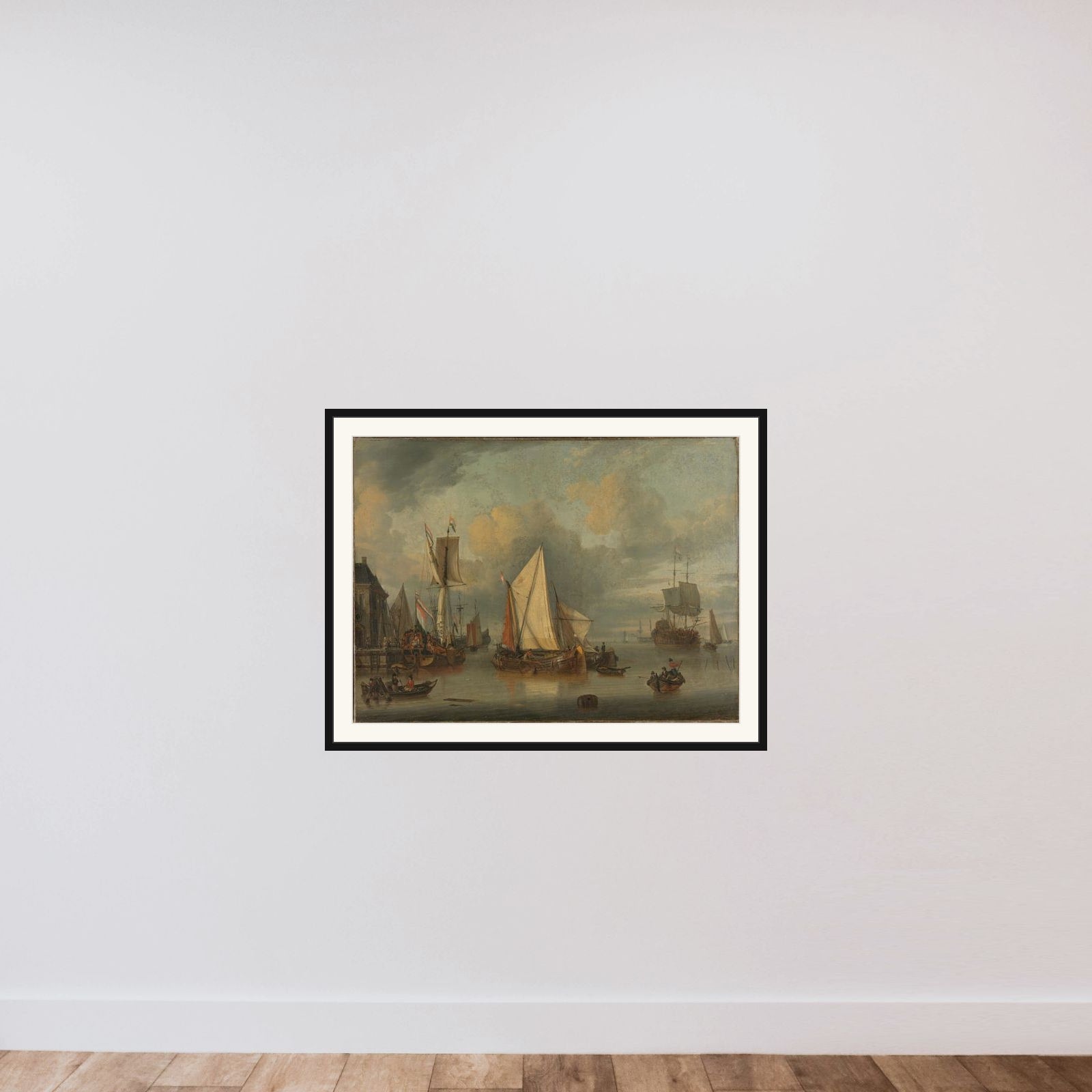 A Calm (Ships in the Harbor by Calm Weather) framed — shown to scale