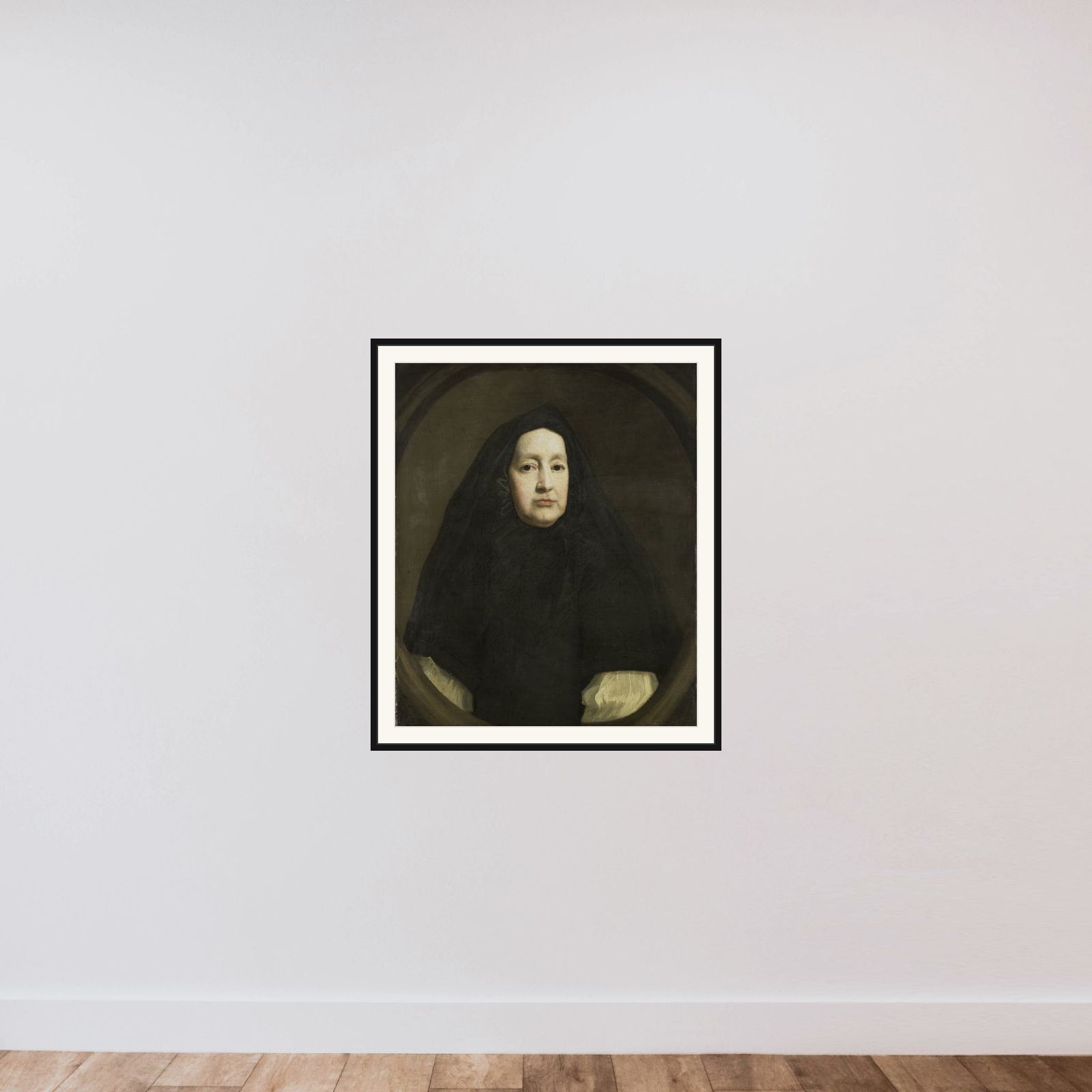 Portrait of Katharine Elliot (died 1688), Dresser of Duchess Anne of York and First Woman of the Bedchamber of Queen Mary of Modena, the first and second Wives of James II of England, respectively framed — shown to scale