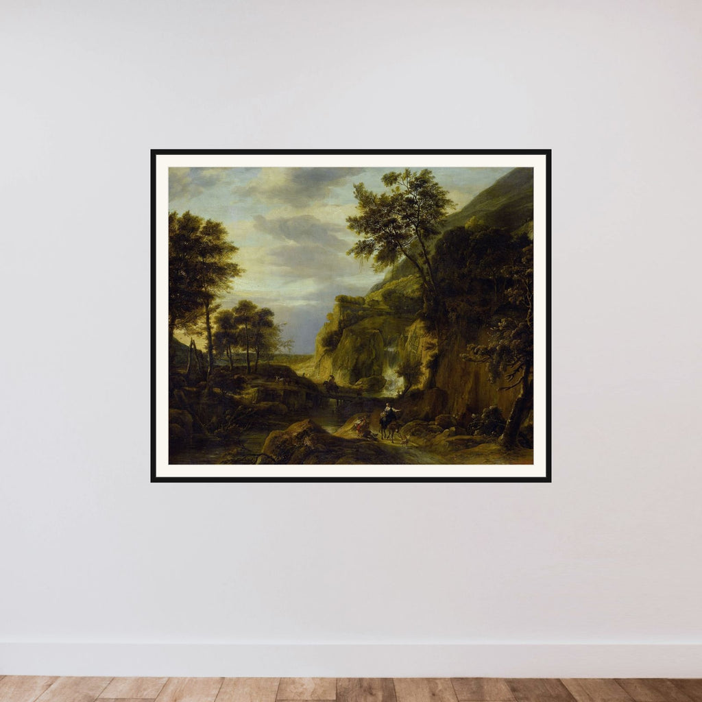 Mountainous landscape with waterfall framed — shown to scale