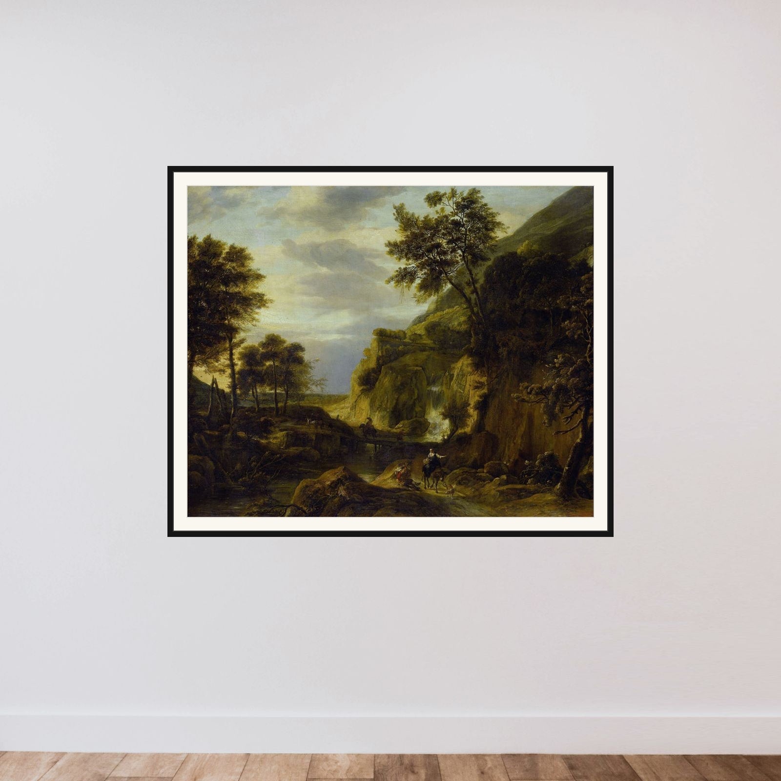 Mountainous landscape with waterfall framed — shown to scale