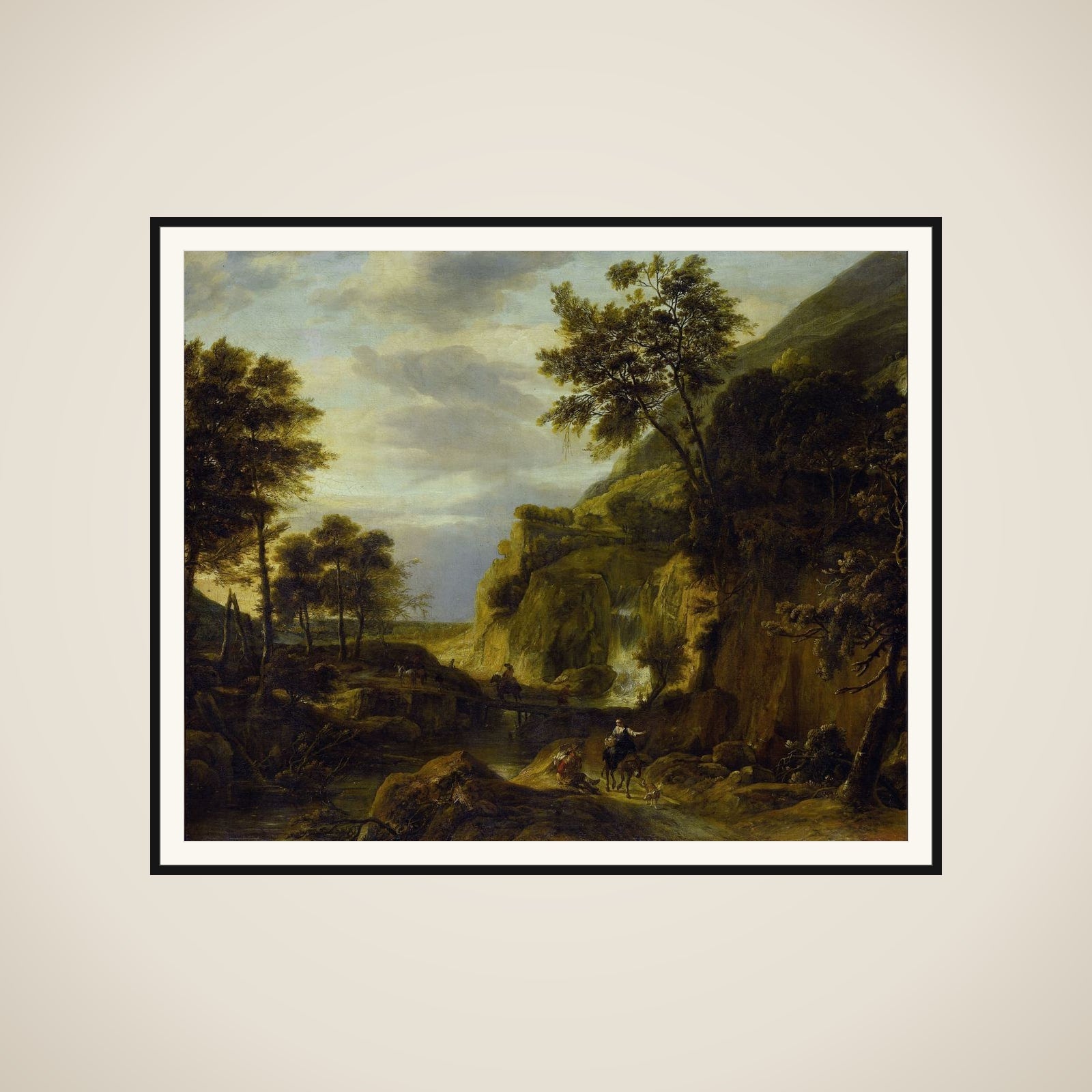Mountainous landscape with waterfall framed