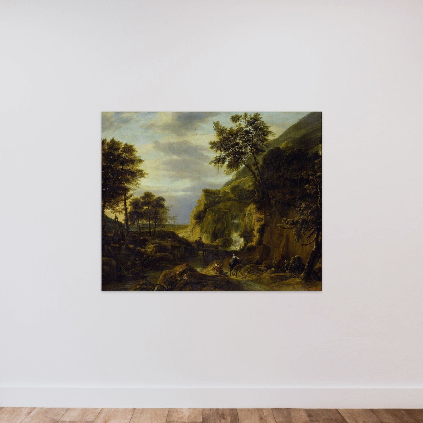 Mountainous landscape with waterfall unframed — shown to scale