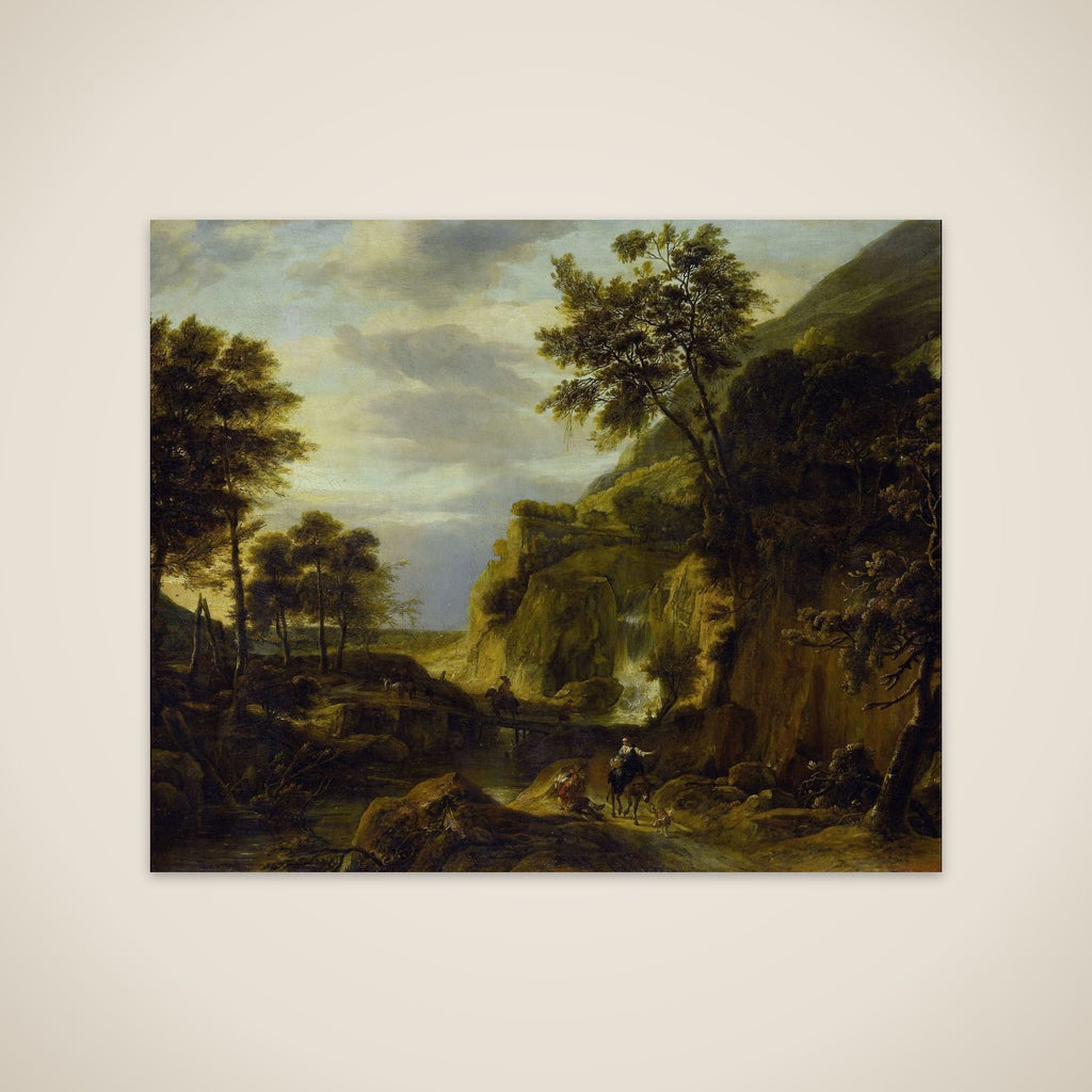 Mountainous landscape with waterfall unframed print