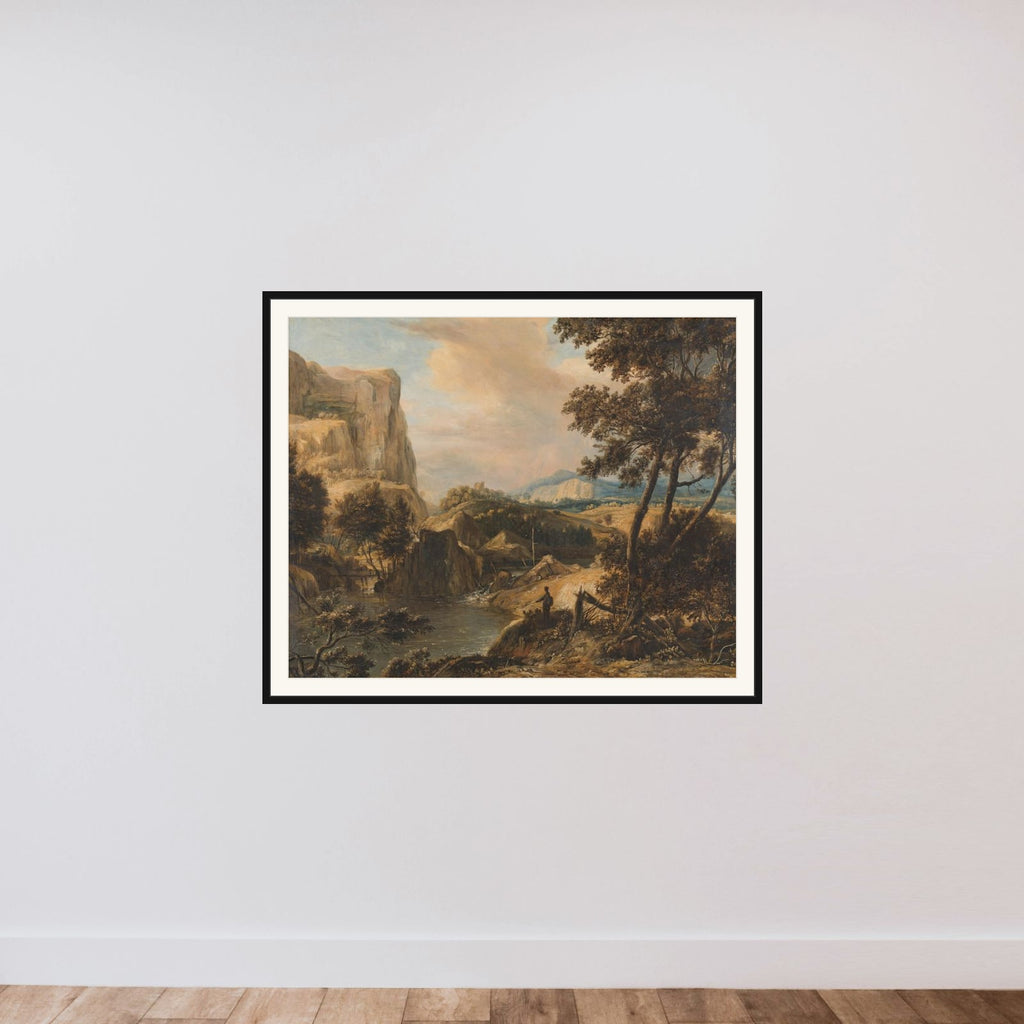 Mountainous landscape with fisherman framed — shown to scale