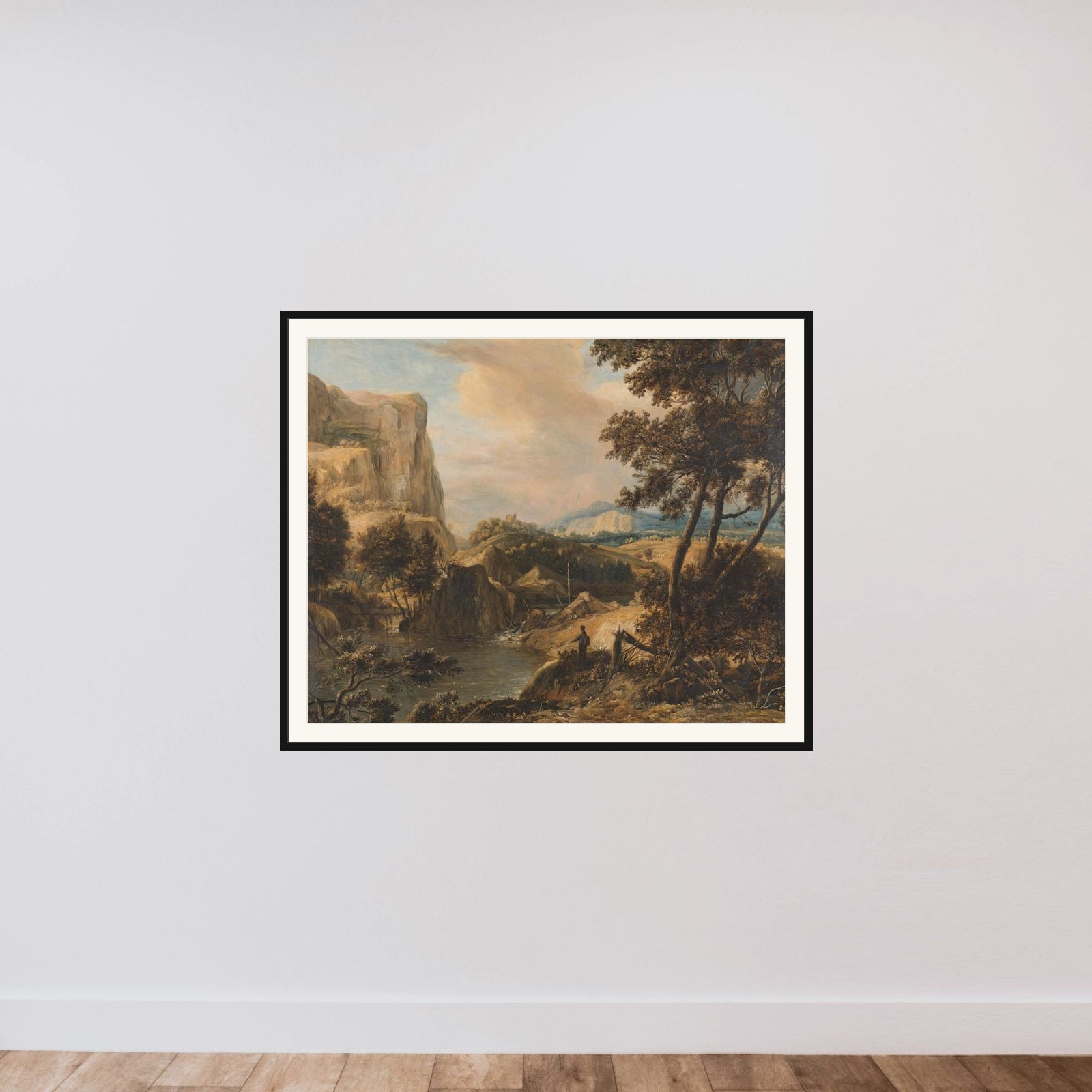 Mountainous landscape with fisherman framed — shown to scale
