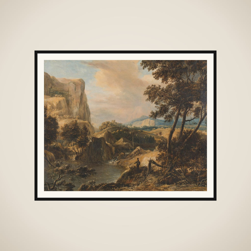 Mountainous landscape with fisherman framed