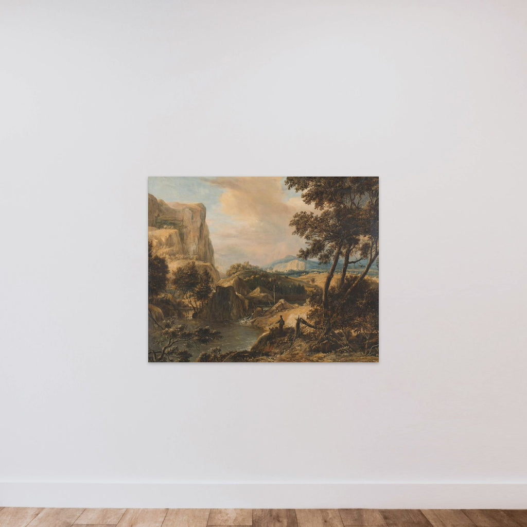Mountainous landscape with fisherman unframed — shown to scale