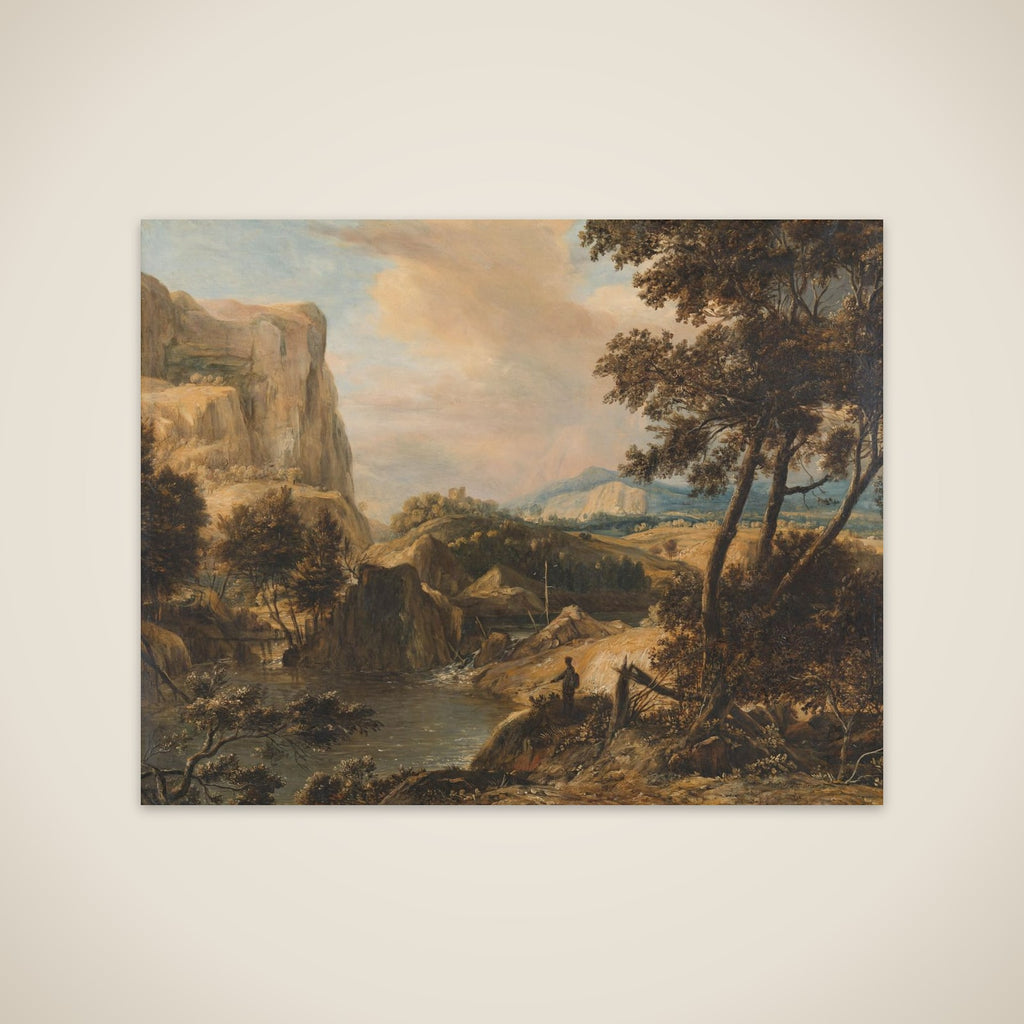 Mountainous landscape with fisherman unframed print