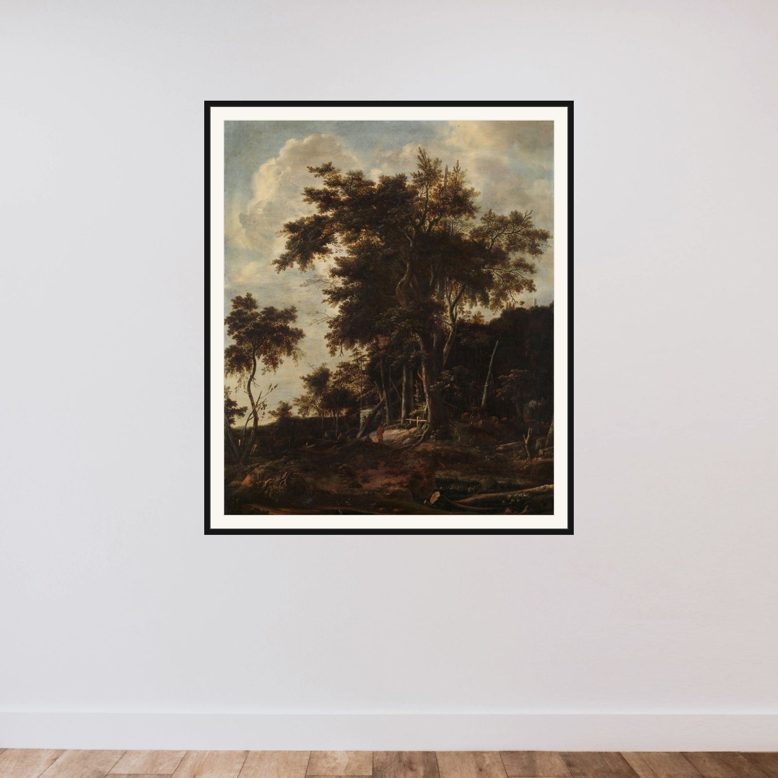 Forest landscape with a woodsman's shed framed — shown to scale