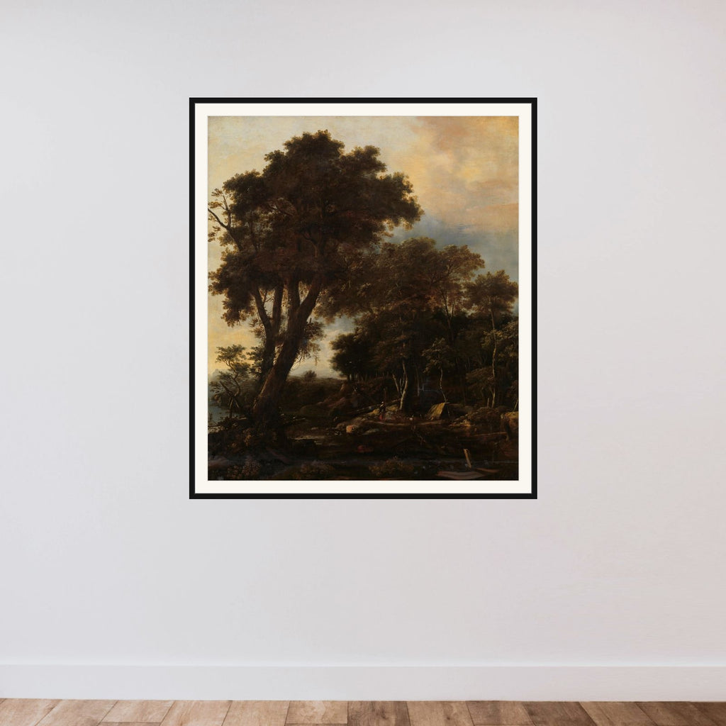 Forest landscape with lean-to framed — shown to scale
