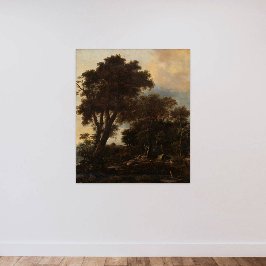 Forest landscape with lean-to unframed — shown to scale