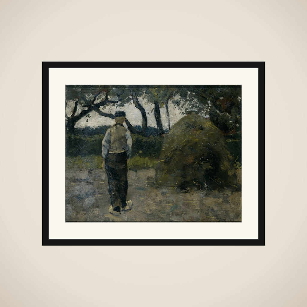 A Farmer standing near a Hay-Stack framed