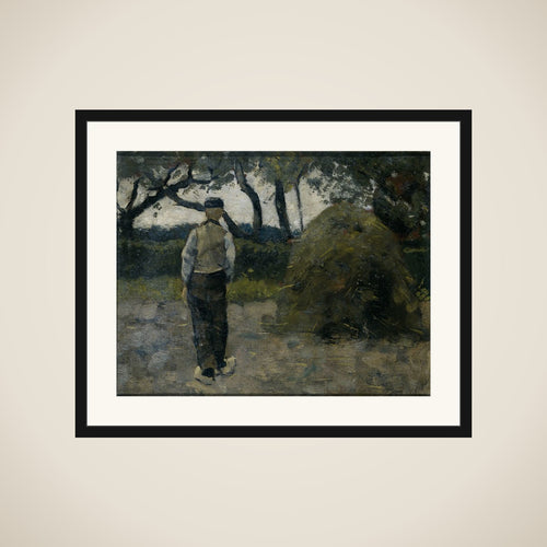A Farmer standing near a Hay-Stack framed
