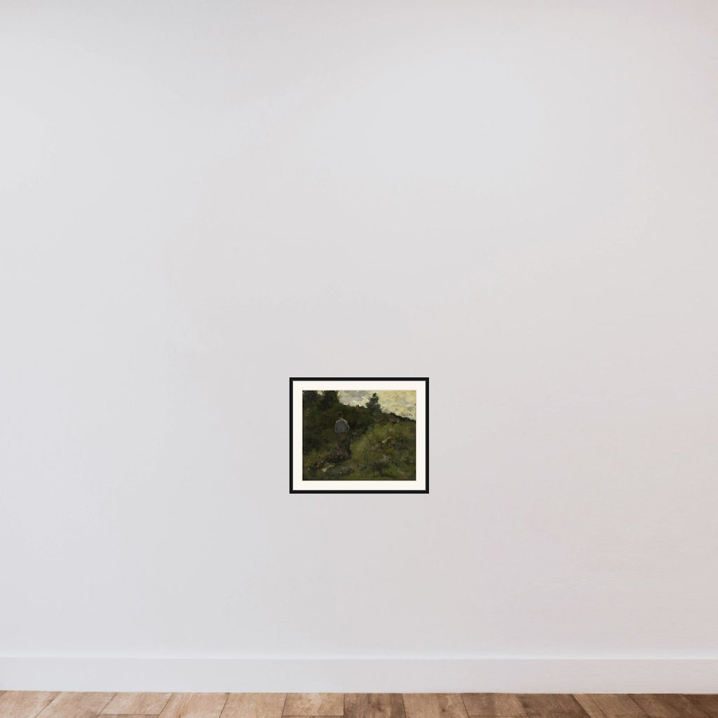 A Farmer walking along the Fringe of a Wood framed — shown to scale