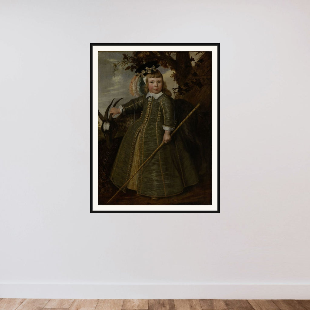 Portrait of a boy with a billygoat framed — shown to scale