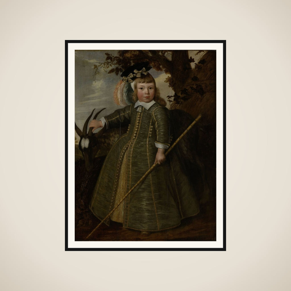 Portrait of a boy with a billygoat framed