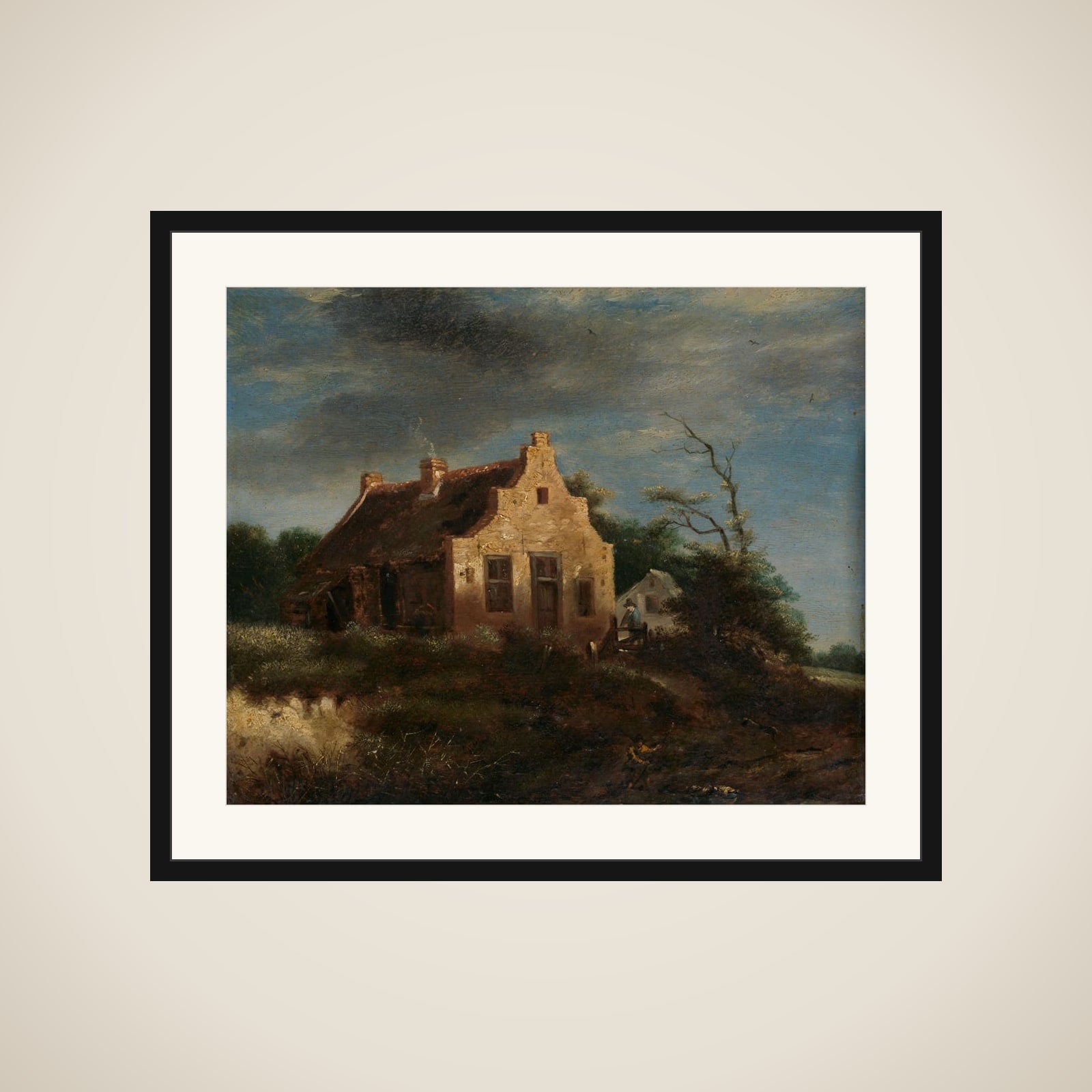 Farm in a wooded dune landscape framed